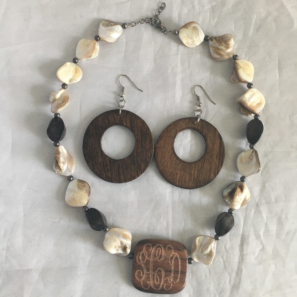 WOODEN NECKLACE INITIALED & Matching EARRINGS SET